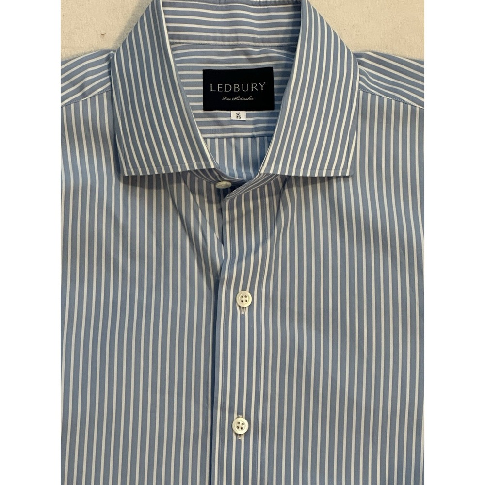 LEDBURY Blue White Stripe 17/35 L/S French Cuff‎ Button Front Cotton Dress Shirt